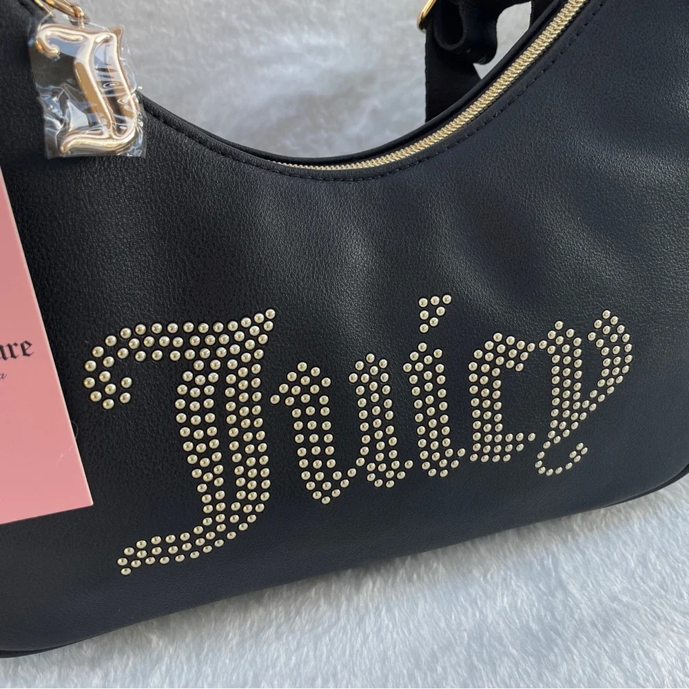 NEW Juicy Couture‎ Black Studded Logo Hobo Crossbody Bag Gold Hardware